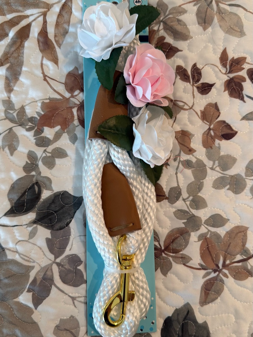 White Braided Dog Leash with Brown Leather Accents and Gold Hardware